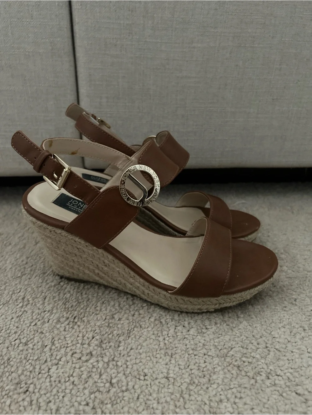 Jones New York Brown Espadrille Wedge Sandals with Logo Buckle